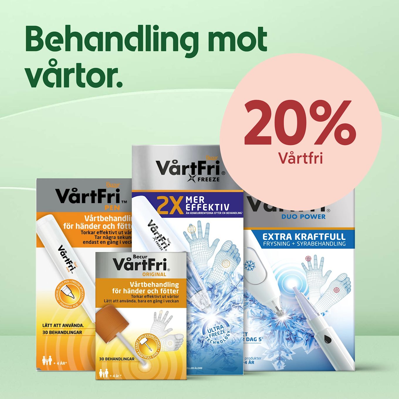 Olika VårtFri-produktkartonger i olika färger uppställda i förgrunden med texten "Behandling mot vårtor" på ljusgrön bakgrund och en rosa cirkel med "20%".
