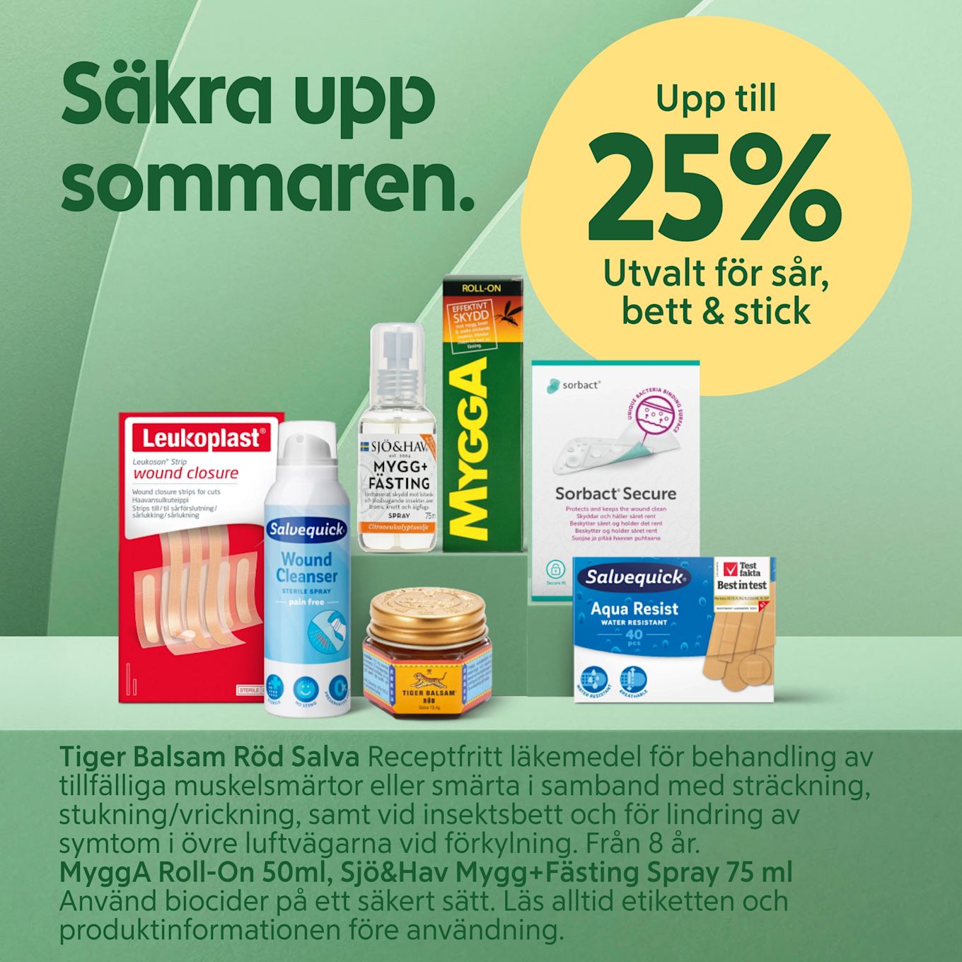 Flera förbands- och sårläkningsprodukter (Leukoplast, Salvequick Wound Cleanser, Tiger Balm, MyggA roll-on, Sorbact och Salvequick Aqua Resist) uppställda framför grön bakgrund med texten "Upp till 25% Utvalt för sår, bett & stick".