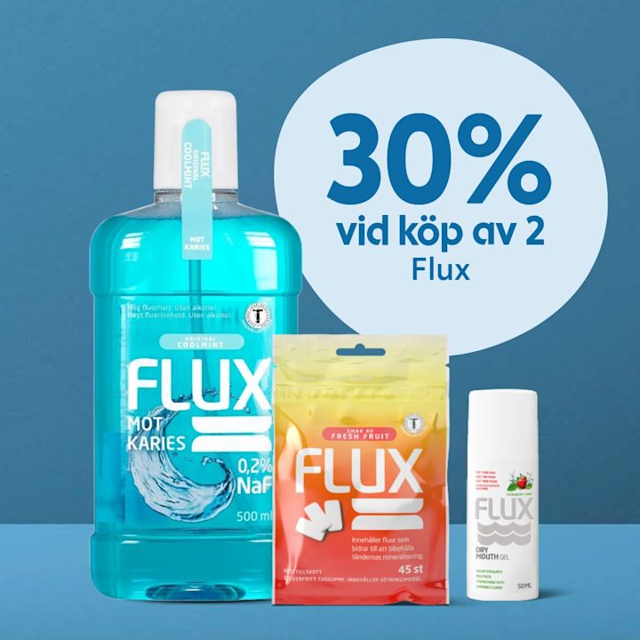 Tre olika Flux-produkter för munhälsa placerade på blå bakgrund med texten "30% vid köp av 2 Flux".