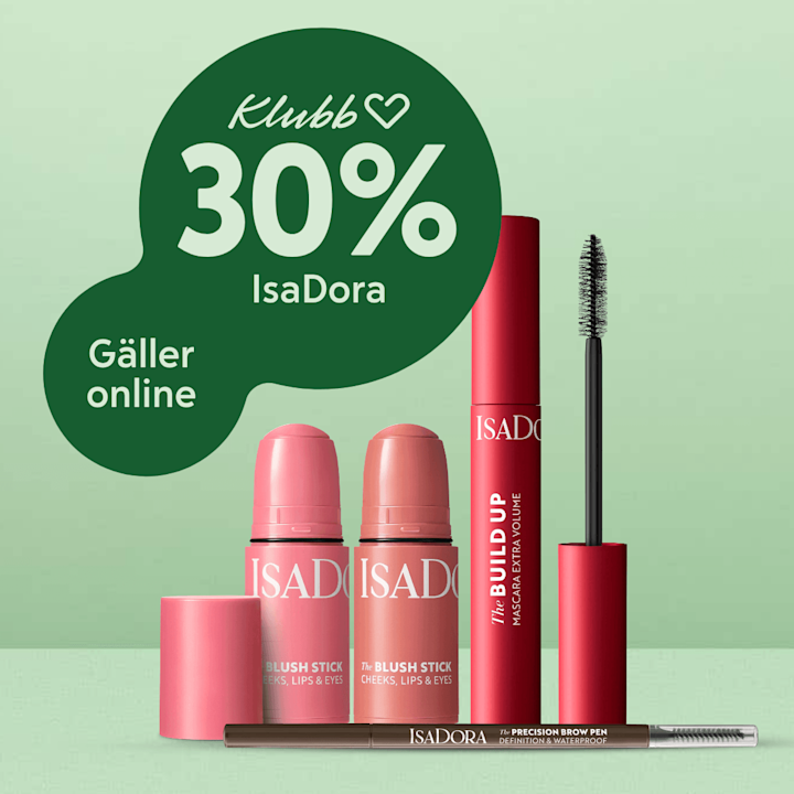 Grönt erbjudandemärke med texten "Klubb 30% IsaDora Gäller online" bredvid fyra IsaDora-produkter: två rosa blush-sticks, ett rött mascararör med borste och en brun ögonbrynspenna på ljusgrön bakgrund.