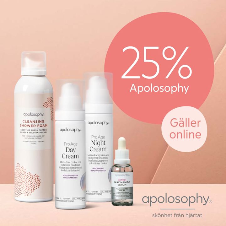 Fyra apolosophy hudvårdsprodukter står mot beige bakgrund med texten 25% Apolosophy och Gäller online i röda cirklar.