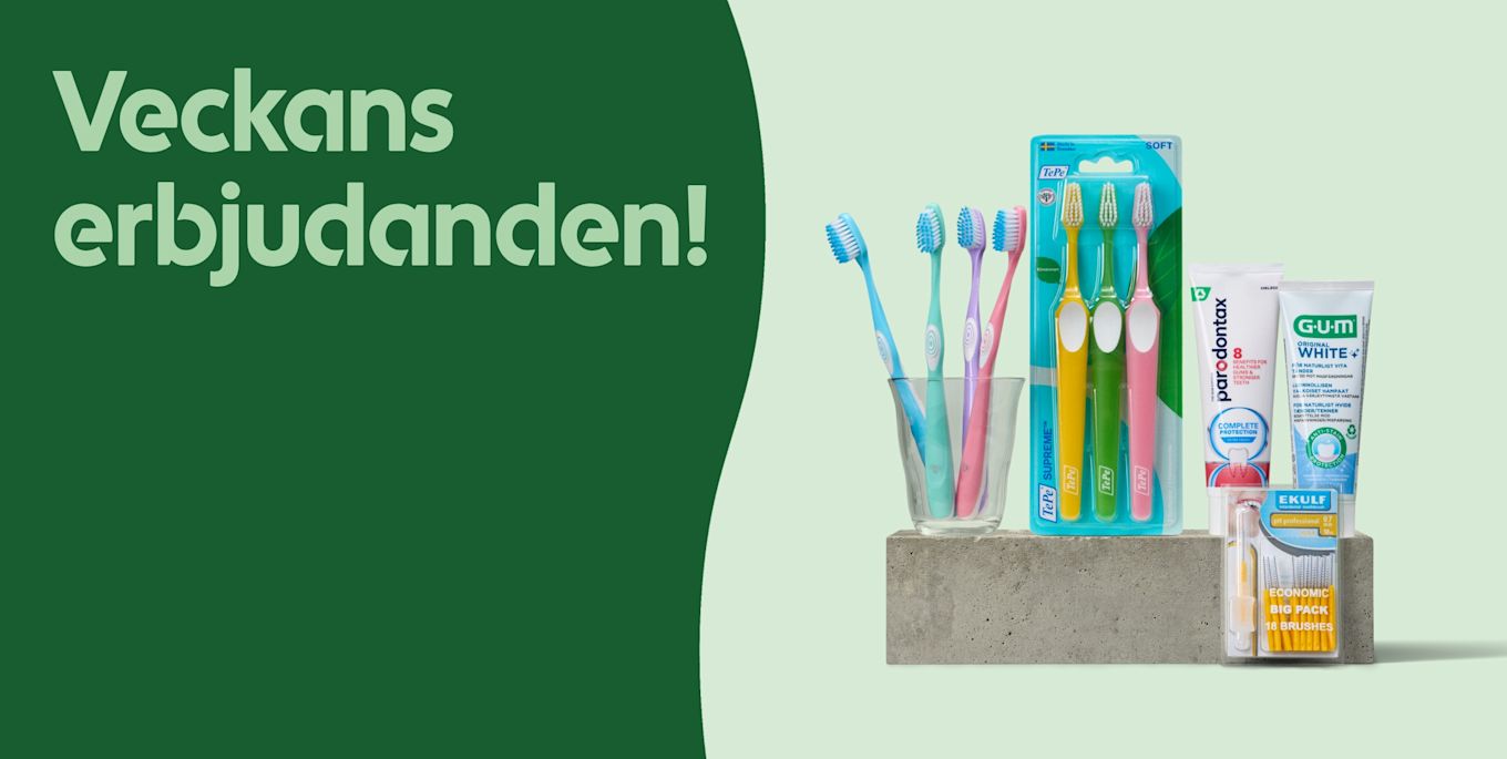 Tandborstar i glas och förpackning, tandkräm och små rengöringsborstar på en betongplatta mot ljusgrön bakgrund med texten "Veckans erbjudanden!".