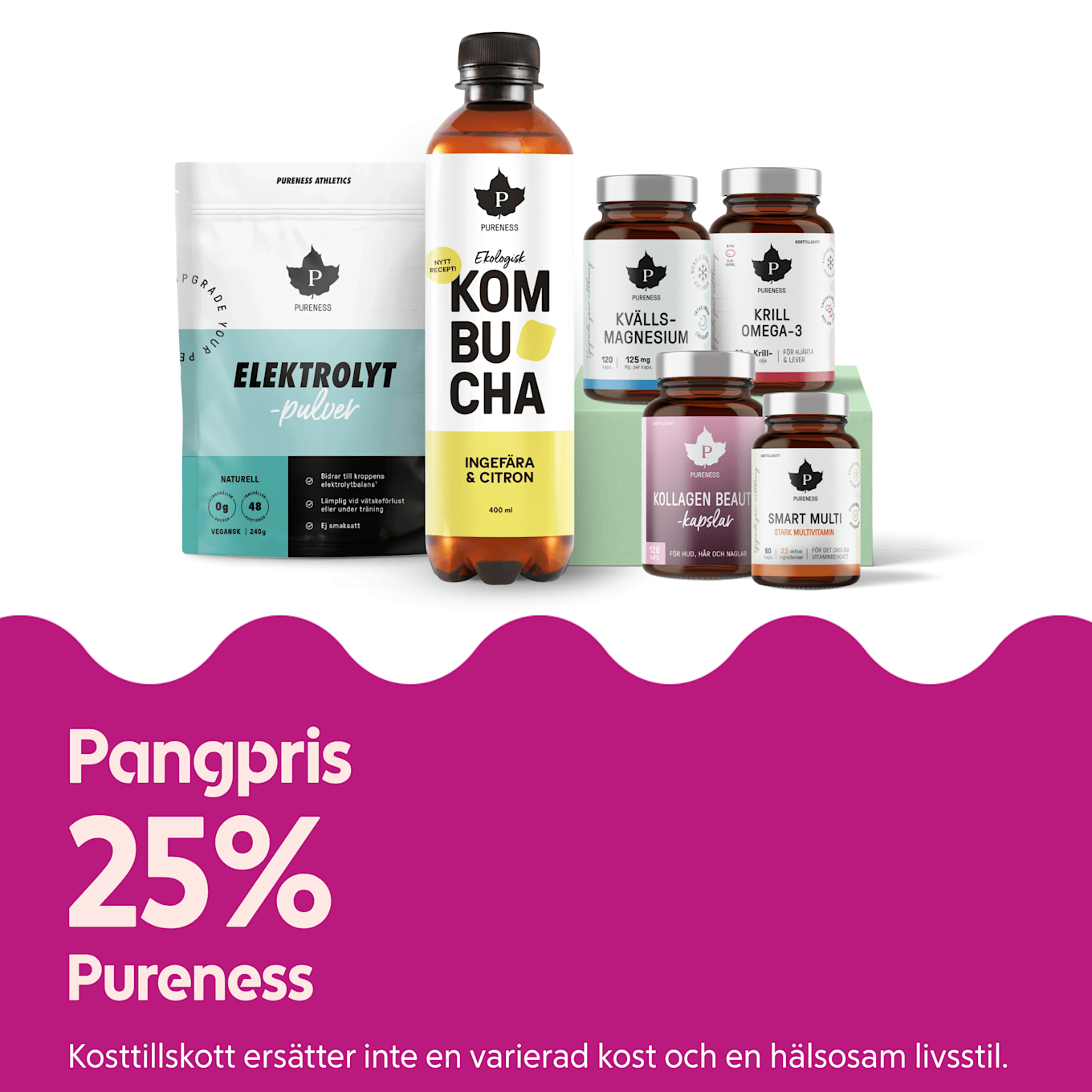 Vit bakgrund med en samling Pureness kosttillskott och dryck i förgrunden: elektrolytpulverpåse, flaska kombucha (ingefära & citron) och flera bruna burkar med etiketter som Kvälls-Magnesium, Krill Omega-3, Kollagen Beauty och Smart Multi, till vänster rosa panel med text "Pangpris 25% Pureness".