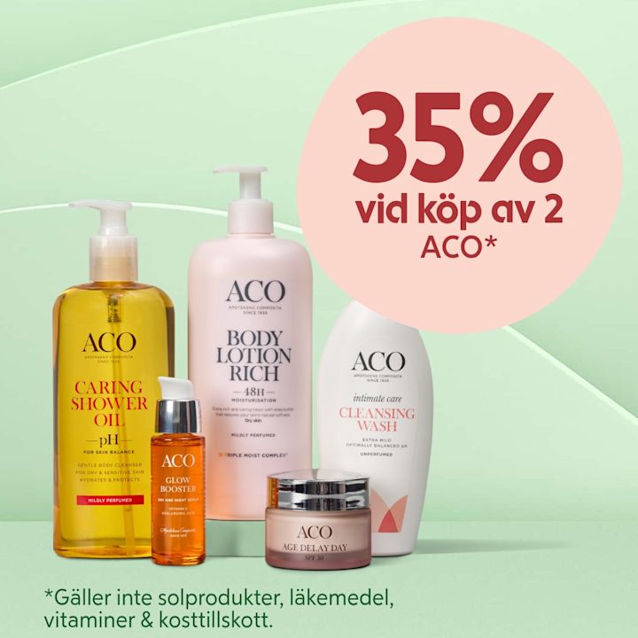 Fem ACO-produkter i förgrunden (Caring Shower Oil, Glow Booster, Body Lotion Rich, Cleansing Wash, Age Delay Day) på ljusgrön bakgrund med stor cirkeltext "35% vid köp av 2 ACO", gäller inte solprodukter, läkemedel, vitaminer & kosttillskott.