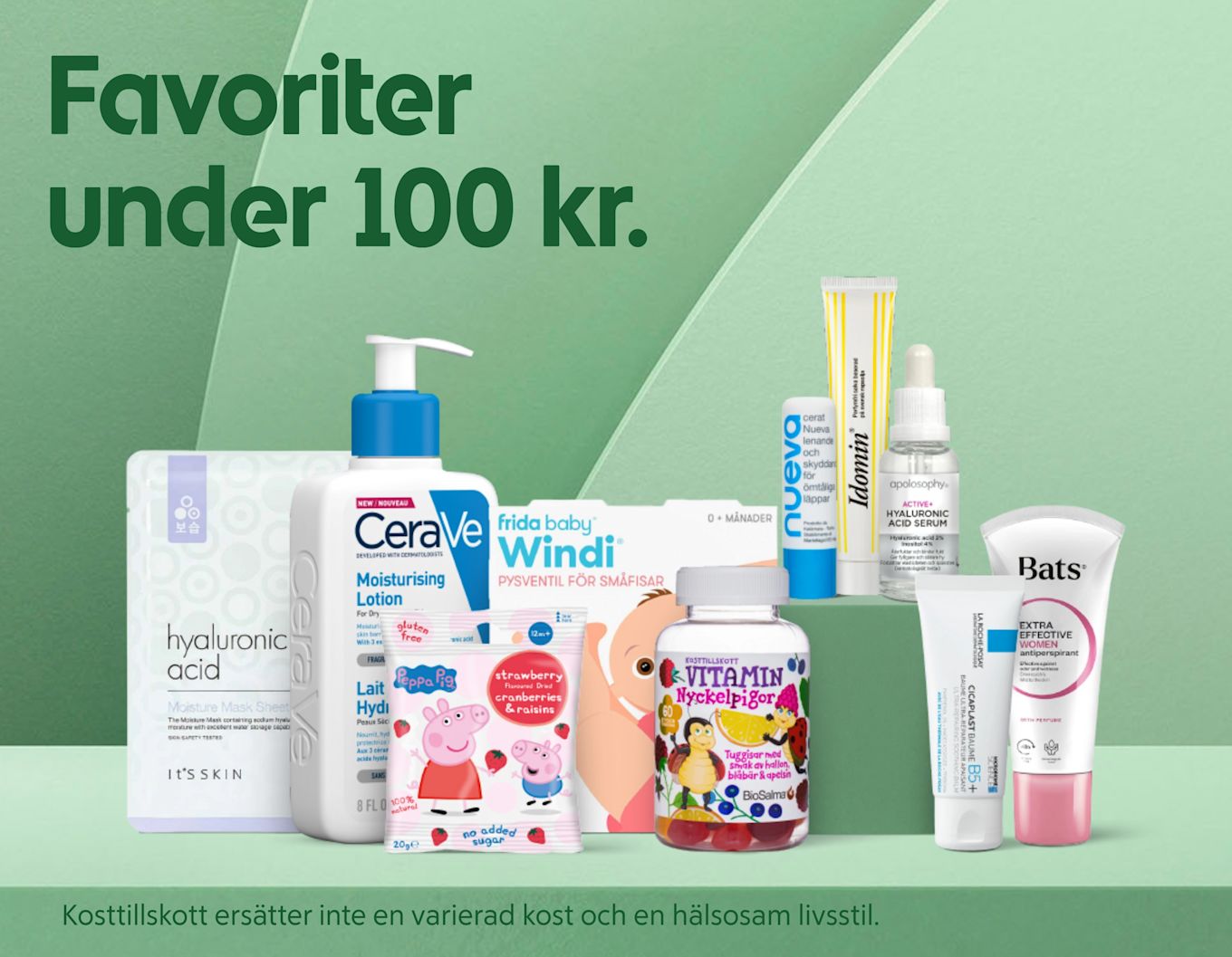 Olika hudvårdsprodukter, kosttillskott och barnmediciner uppradade mot grön bakgrund med texten "Favoriter under 100 kr".