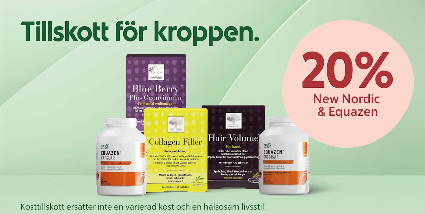 Flera kosttillskottsförpackningar från New Nordic och Equazen står framför ljusgrön bakgrund med texten "Tillskott för kroppen" och en rosa cirkel med "20% rabatt på New Nordic & Equazen".