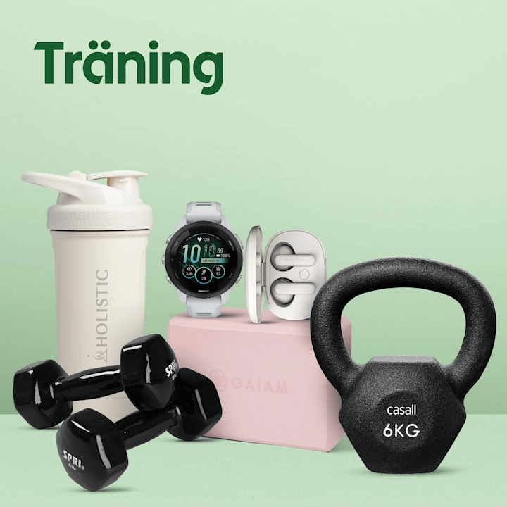 Ingång till kategorin Träning. I bild står hantalar, kettlebell, smartklocka, hörlurar och en shaker-flaska och ett yogablock mot en grön bakgrund med texten "Träning".