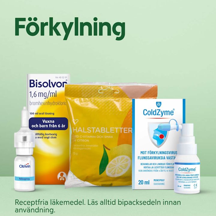 Ingång till kategorin "Förkylning". I bild står en nässpray, halstabletter, hostmedicin och Coldzyme spray mot en grön bakgrund.