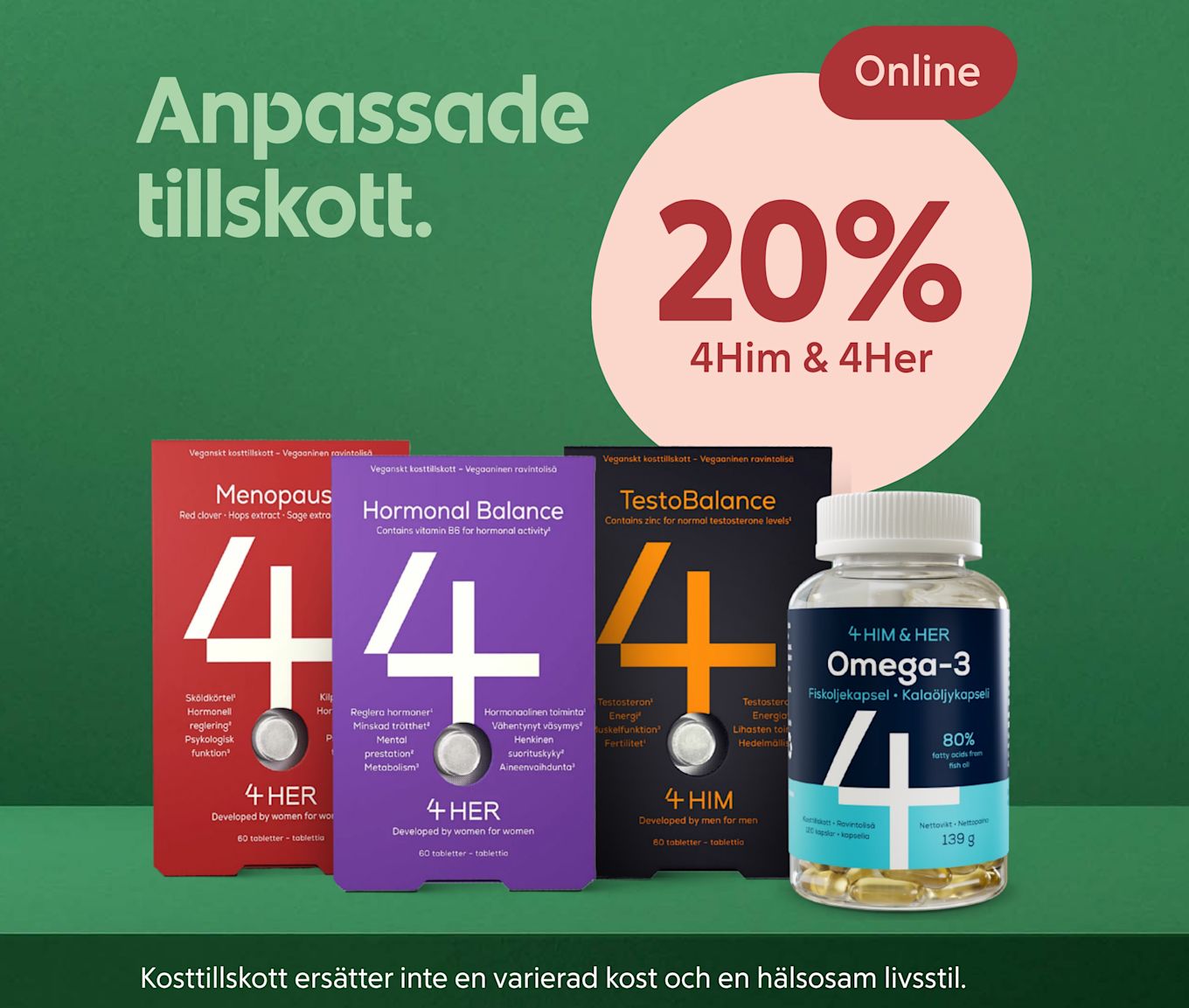 Fyra kosttillskottsprodukter från 4Him & 4Her står på en grön yta med texten Anpassade tillskott och 20% online rabatt på grön bakgrund.
