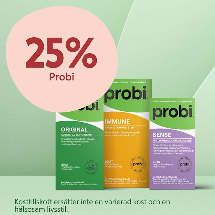Tre förpackningar Probi-kosttillskott i grönt, gult och lila stående på ljusgrön bakgrund, med en stor rosa cirkel ovanför där det står "25% Probi".