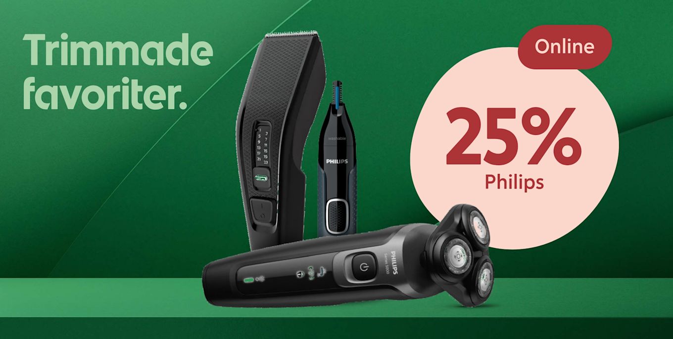 Tre olika Philips barberings- och trimningsapparater visas mot en grön bakgrund med texten "Trimmade favoriter" och en cirkel med erbjudandet "25% Philips Online".