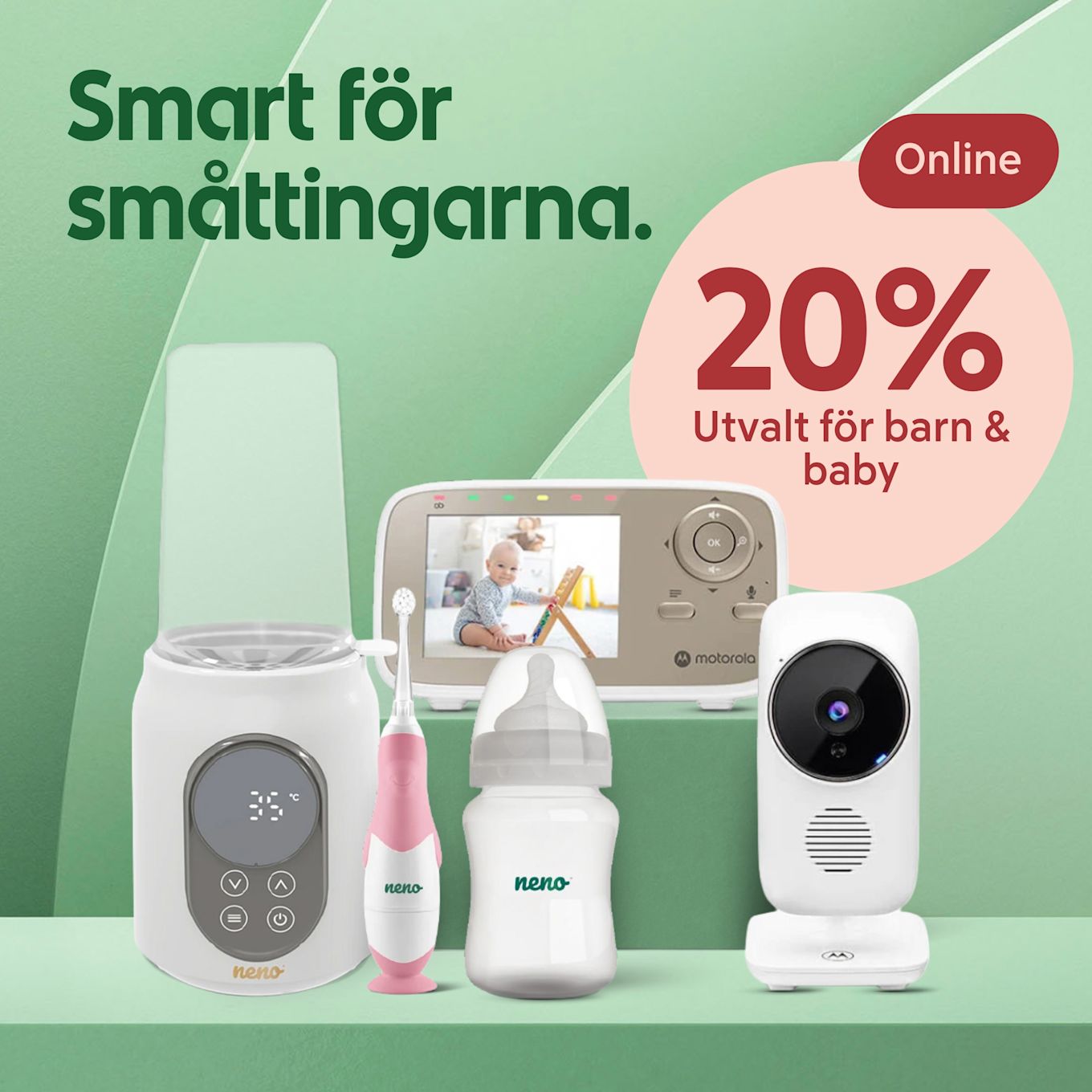 Grön bakgrund med texten "Smart för småttingarna", rad med babymonitor, nappflaska, flaska- och nappvärmare samt tandborste och cirkel som visar "20% Utvalt för barn & baby Online".
