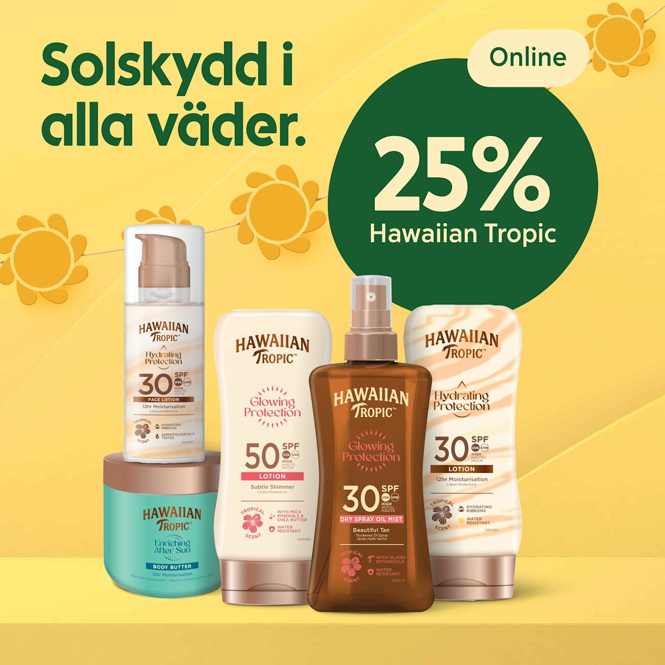 Fem Hawaiian Tropic-solskyddsprodukter i olika förpackningar stående på ett gult bord med gula solgirlander i bakgrunden och en grön cirkel till höger med texten "25% på Hawaiian Tropic" och rubriken "Solskydd i alla väder".