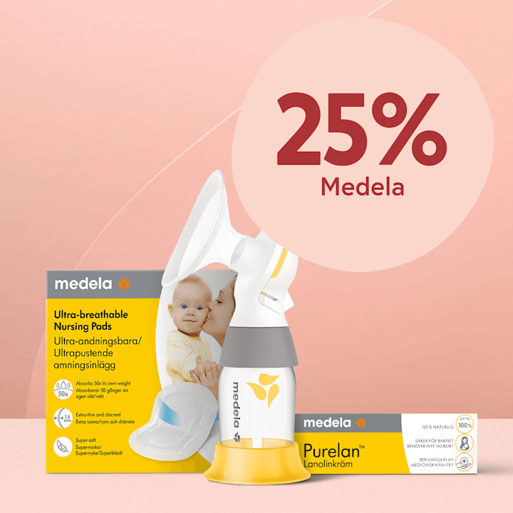 Bröstpump, amningsinlägg och Purelan-lanolinkräm i förpackning framför rosa bakgrund med stor cirkel och text "25% Medela".
