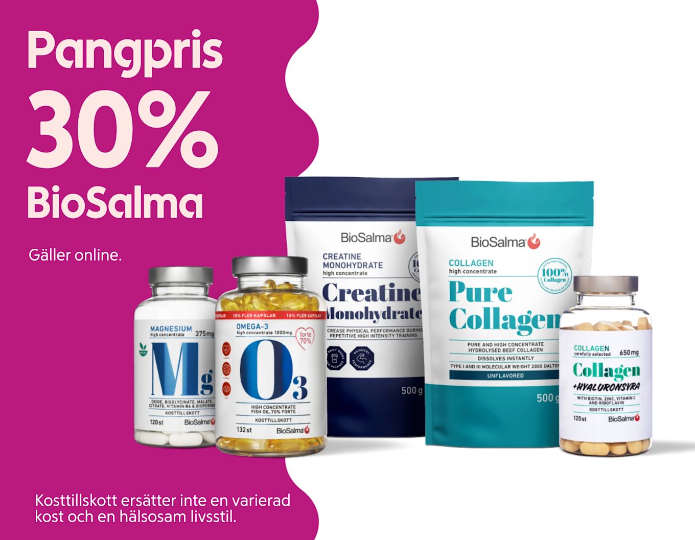 Flera kosttillskottsförpackningar (magnesium, Omega‑3, kreatin, kollagen) i förgrunden framför rosa bakgrund med texten "Pangpris 30% BioSalma".