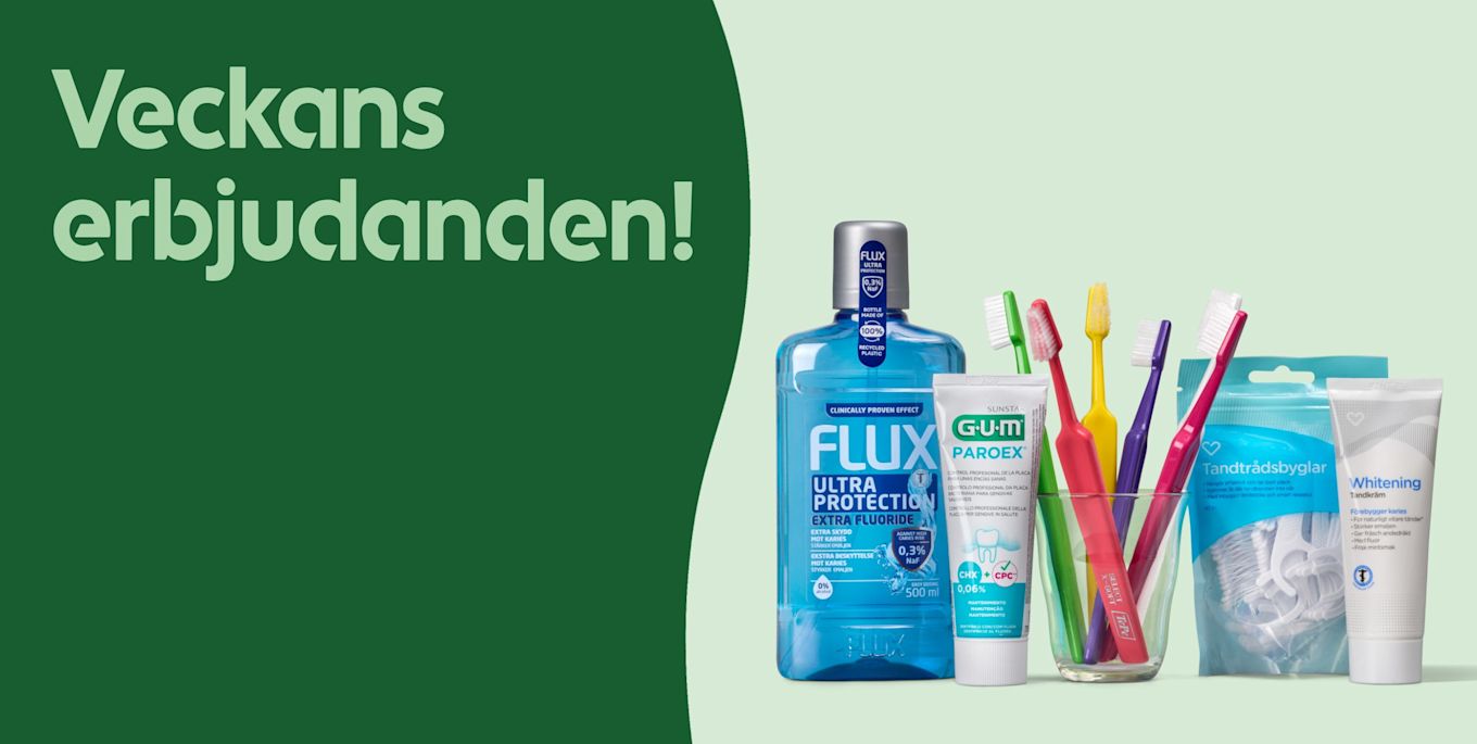 Ingång till alla aktuella erbjudanden hos Apotek Hjärtat. En bild med flera munvårdsprodukter uppställda på mintgrön bakgrund: blå munsköljflaska, två tandkrämstuber, färgglada tandborstar i glas och förpackning med tandtrådsbågar. Med texten "Veckans erbjudanden!".