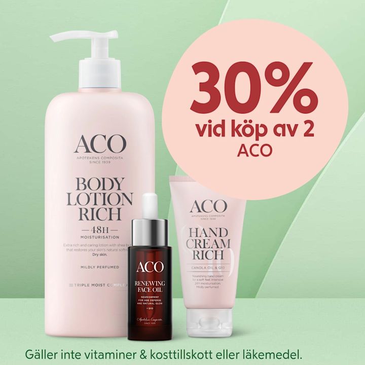 Rosa ACO Body Lotion Rich-pumpflaska, brun ACO Renewing Face Oil-flaska och rosa ACO Hand Cream Rich-tub framför grönt bakgrunds och en stor rosafärgad cirkel med texten "30% vid köp av 2 ACO".