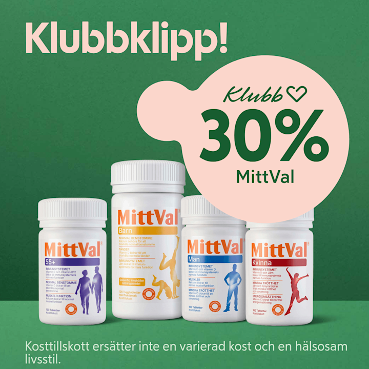 Fyra vita MittVal-kosttillskottsburkar i olika varianter placerade framför en grön bakgrund, bredvid en rosa bubbla med texten "Klubbklipp! 30% rabatt på MittVal".