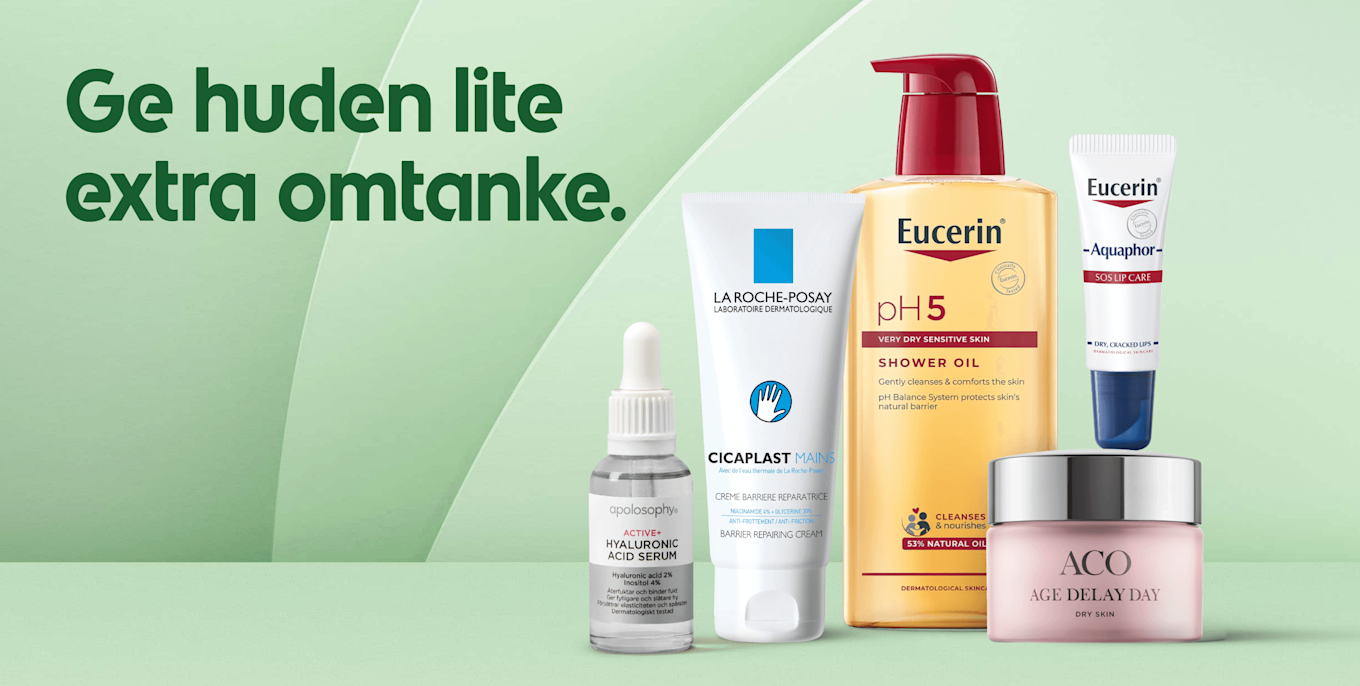 Flera hudvårdsprodukter i förgrunden (serumflaska, La Roche-Posay handkräm, Eucerin pH5 duscholja, Aquaphor läppbalsam och ACO dagkräm) mot en ljusgrön bakgrund med texten "Ge huden lite extra omtanke."