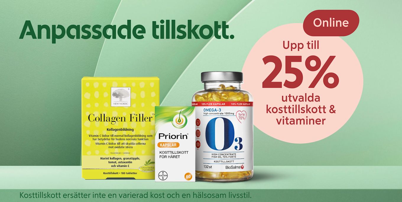 Tre kosttillskottsförpackningar framifrån: gul Collagen Filler-box, vit-grön Priorin-box och en glasburk med omega-3-kapslar, mot grönt bakgrundslandskap med rosa cirkel och text om upp till 25% rabatt.'