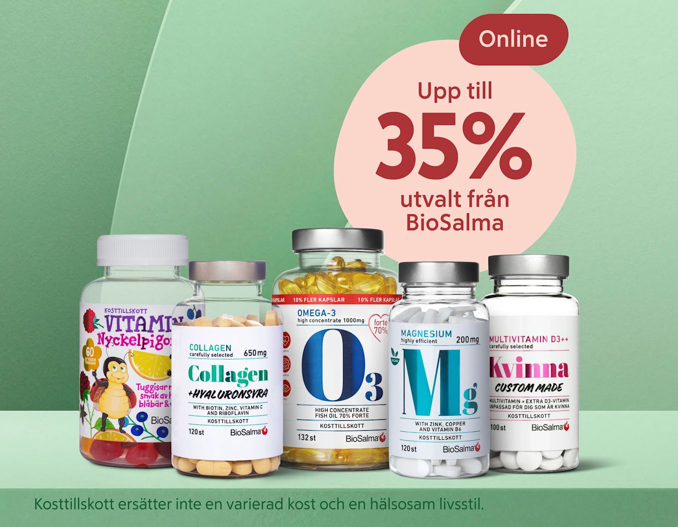 Flera kosttillskottsburkar i rad framför grön bakgrund med rosa skylt "Upp till 35% utvalt från BioSalma".