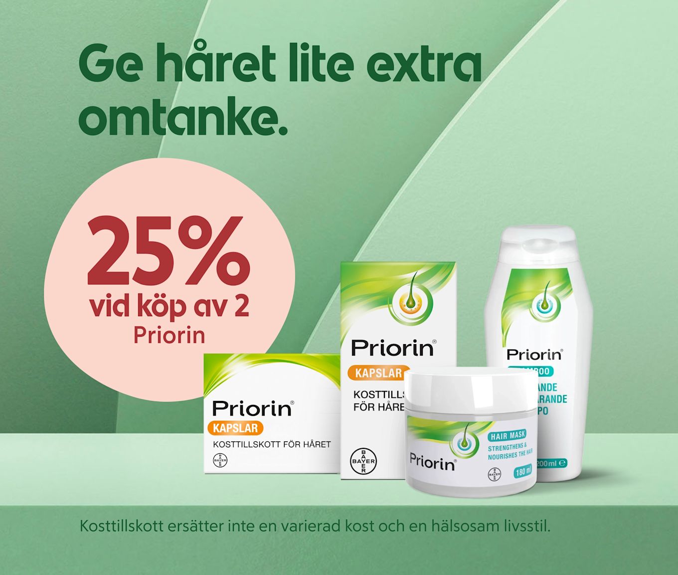 Pastellgrön bakgrund med texten "Ge håret lite extra omtanke.", stor rosa cirkel med "25% vid köp av 2 Priorin", och flera Priorin-produkter (kapslar, hårmask, schampo) i förgrunden.'
