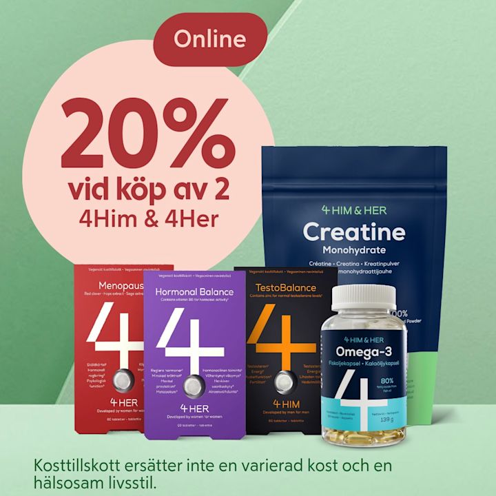 Stor rund rosa skylt med texten "20% vid köp av 2 4Him & 4Her" framför fem kosttillskottsprodukter: Menopaus-, Hormonal Balance- och TestoBalance-förpackningar, blå påse med Creatine Monohydrate och en flaska Omega-3-kapslar, på ljusgrön bakgrund.