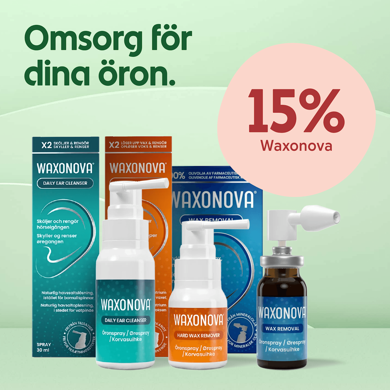 Flera Waxonova öronvårdsprodukter i olika förpackningar och flaskor framför mintgrön bakgrund med texten "Omsorg för dina öron" och en rosa cirkel med "15% Waxonova".