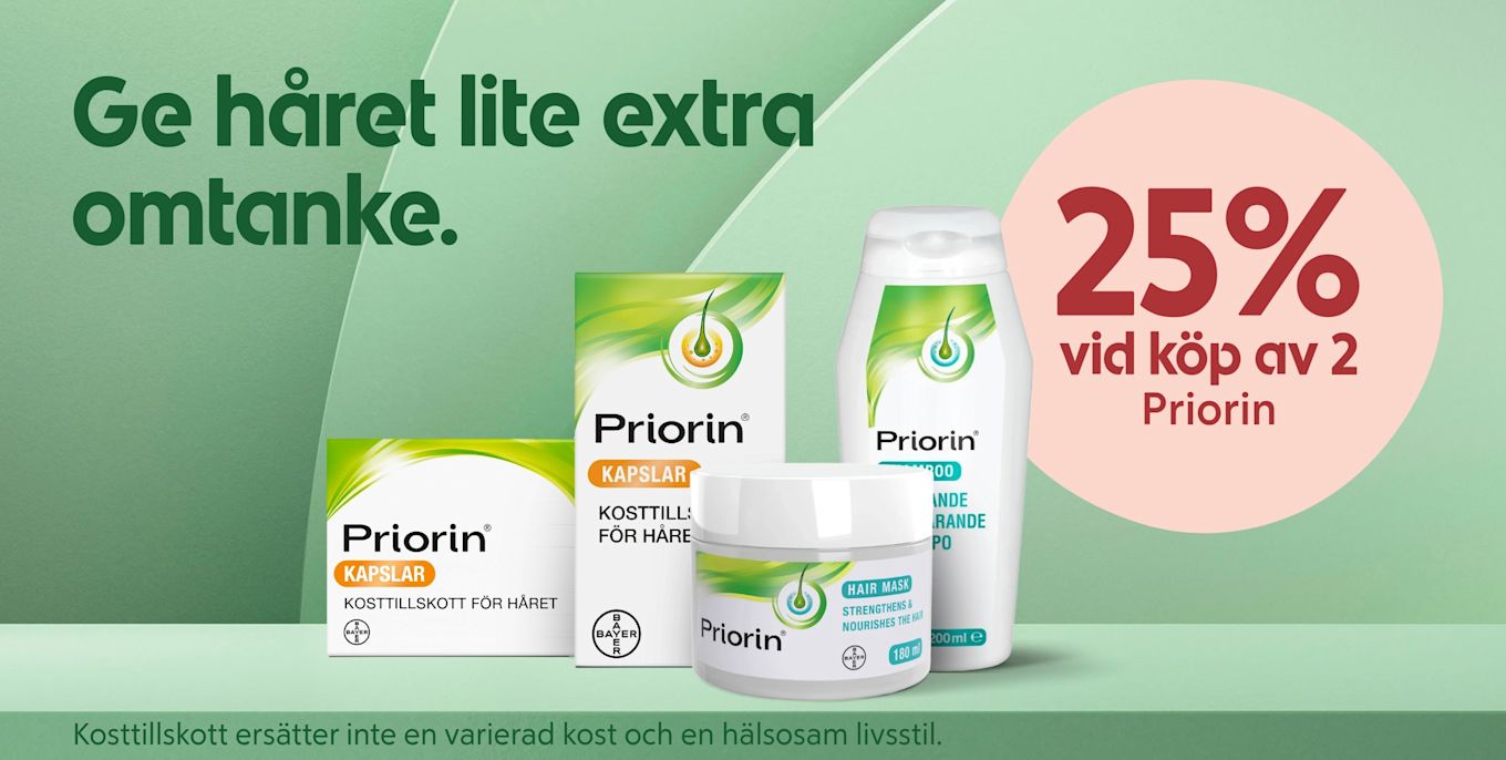 Priorin hårvårdsprodukter och kosttillskott uppställda i förgrunden med gröna etiketter, texten "Ge håret lite extra omtanke." till vänster och en rosa cirkel med erbjudandet "25% vid köp av 2 Priorin" till höger.