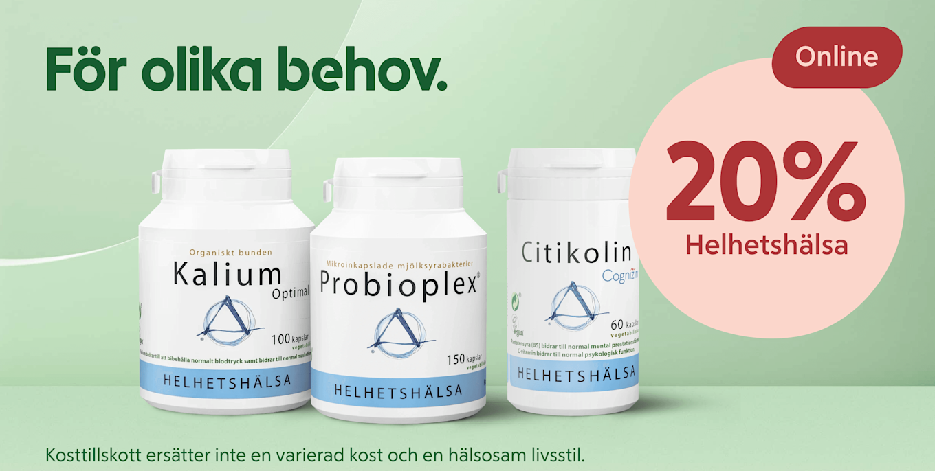 Tre vita kosttillskottsburkar (Kalium, Probioplex, Citikolin) framför grön bakgrund med texten "För olika behov" och en rosa cirkel med "20% Helhetshälsa".