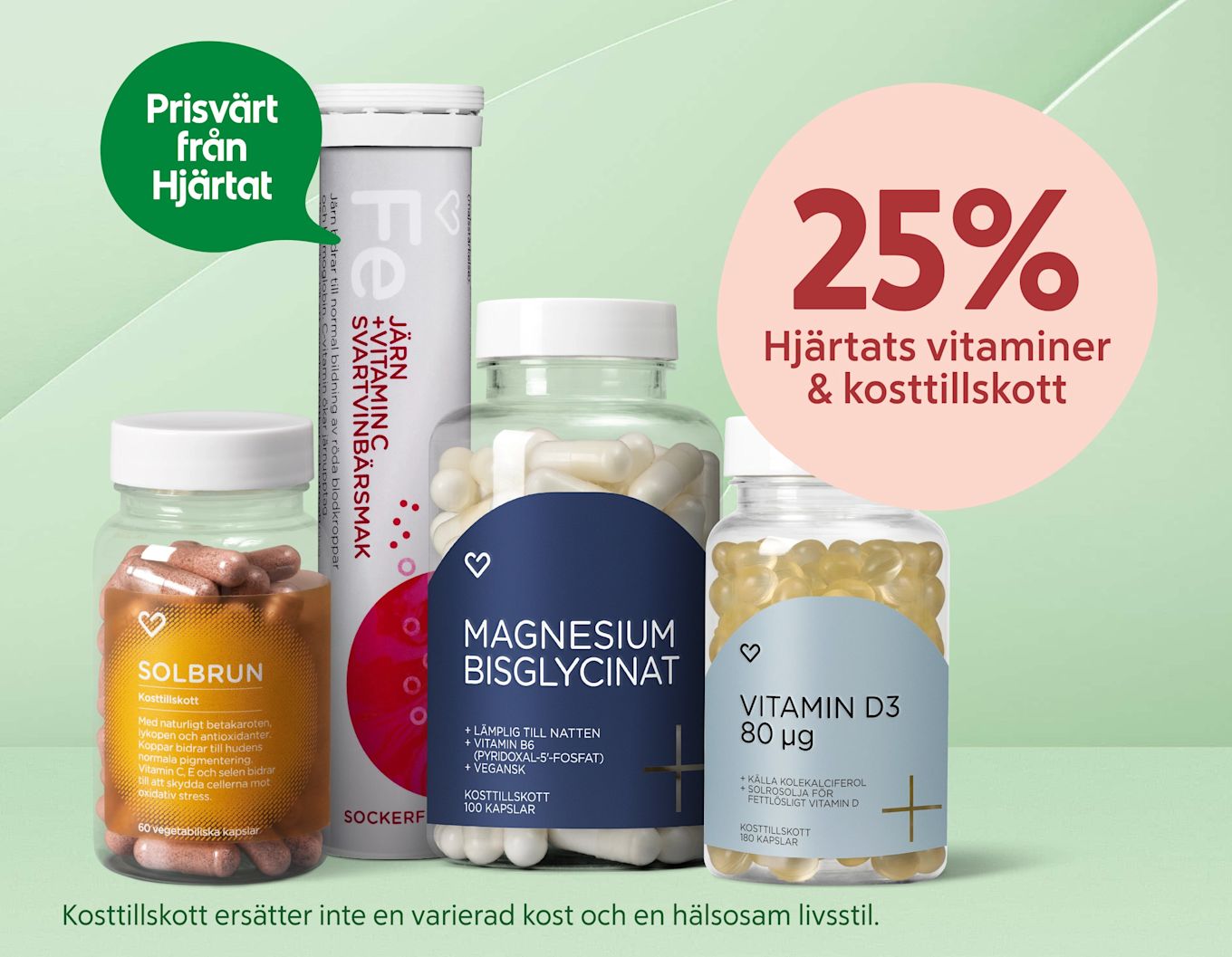 Flera kosttillskottsburkar i olika färger (solbrun, magnesium, vitamin D3, järn) stående i förgrunden mot ljusgrön bakgrund med en rosa "25% Hjärtats vitaminer & kosttillskott" och grön pratbubbla "Prisvärt från Hjärtat".