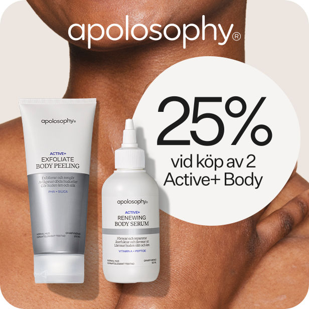 Två apolosophy Active+ Body-produkter (Exfoliate Body Peeling i tub och Renewing Body Serum i pumpflaska) framför brun överkropp med cirkeltext "25% vid köp av 2 Active+ Body".