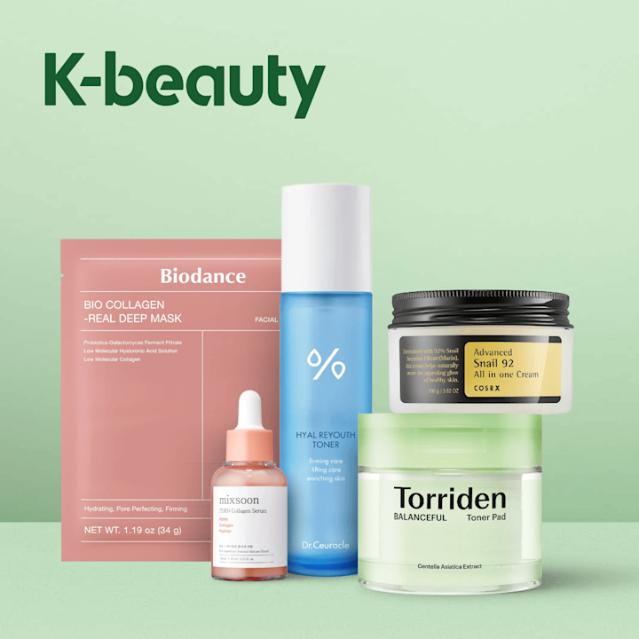Ingång till kategorin Koreansk hudvård. I bild står hudvårdsprodukter från varumärken Biodance, Mixsson, Dr. Ceuracle, COSRX och Torriden mot en ljusgrön bakgrund med rubriken "K-beauty".