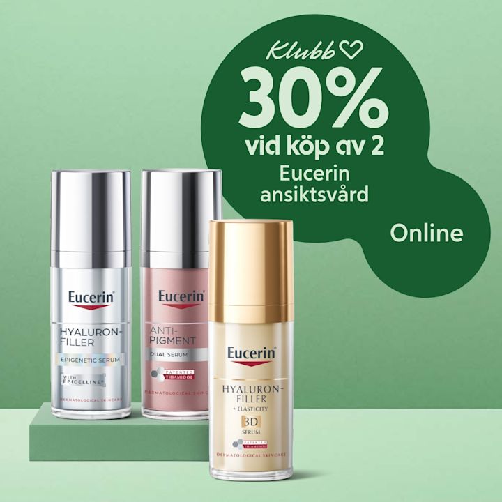 Tre Eucerin-serumflaskor på grön piedestal framför en grön bakgrund med texten "Klubb 30% vid köp av 2 Eucerin ansiktsvård Online".