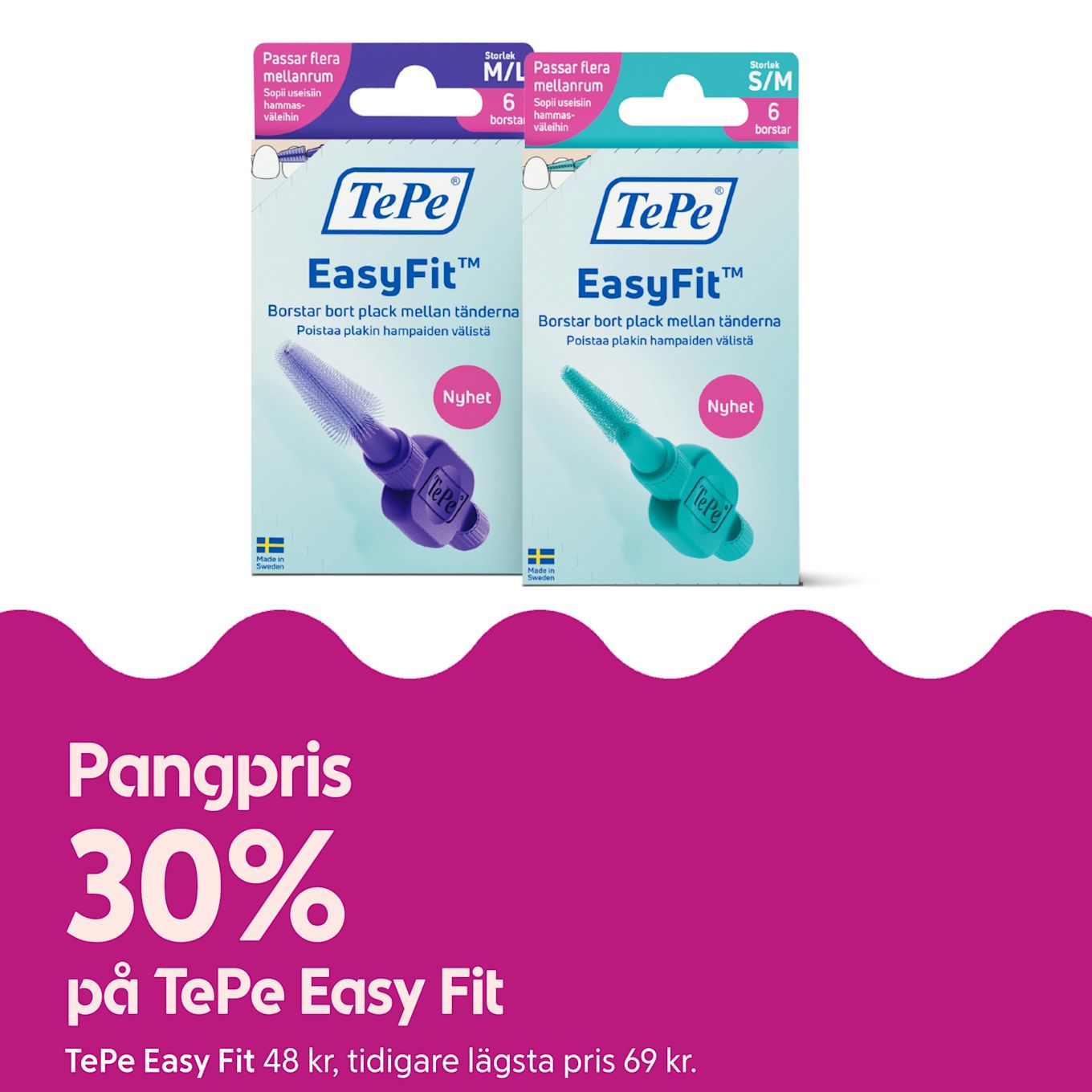 Förpackningar med TePe EasyFit mellanrumsborstar i storlek M/L och S/M, blå och turkosa borstar för att borsta bort plack mellan tänderna.