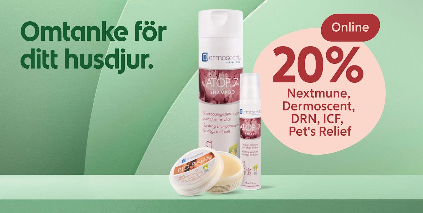 Tre Dermoscent-produkter för husdjur – schampo, spray och bio balm – visas på en grön bakgrund med text om 20 % online rabatt på flera märken.