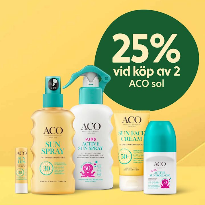 Fem ACO-solprodukter i rad (läppbalsam, solspray, kids active sun spray, ansiktskräm och roll-on) framför gul bakgrund, med en mörkgrön cirkeltext "25% vid köp av 2 ACO sol".