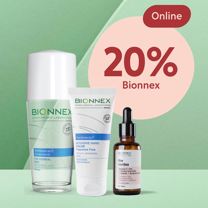 Tre Bionnex-hudvårdsprodukter (sprayflaska, tub med text "Intensive Hand Cream Fragrance Free", och brun pipettflaska märkt "the nordea") framför grön bakgrund och rosa cirkel med texten "20% Bionnex" och en röd oval med "Online".
