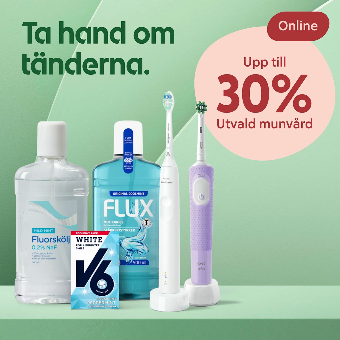 Fluorskölj, munskölj, tuggummi och två eltandborstar på grön bakgrund med text om 30% rabatt på utvald munvård online.