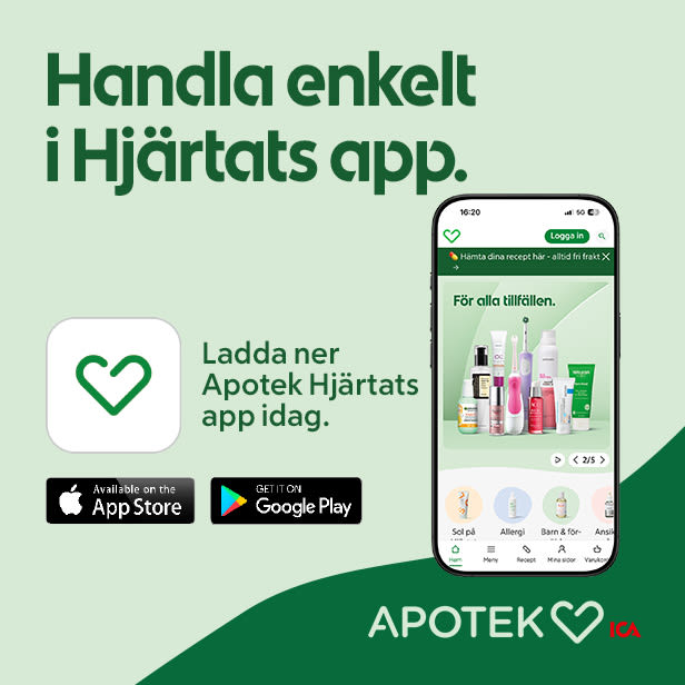 Rubrik: Handla enkelt i Hjärtats app. Ingång till länk där du kan ladda ned Hjärtats app i App Store eller Google Play.