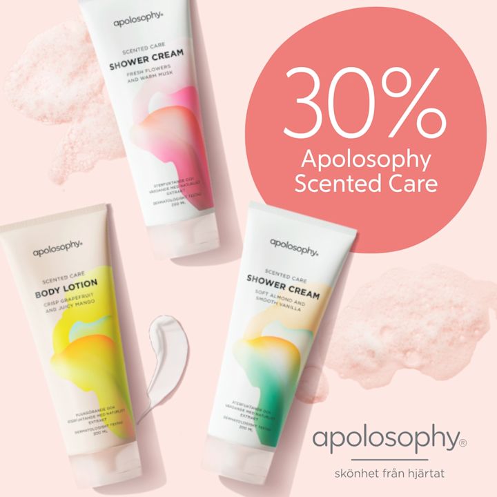 Tre vita tuber med färgglada abstrakta etiketter (apolosophy body lotion och shower cream) liggande på ljusrosa bakgrund, rosa skumfläckar runt dem och en stor korallfärgad cirkel med texten "30% Apolosophy Scented Care".