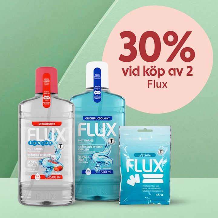 Tre flaskor med Flux fluorskölj och en påse med Flux tuggumin i olika blå och röd förpackningar placerade framför en grön bakgrund, med en rosa cirkel där texten "30% vid köp av 2 Flux" syns tydligt.