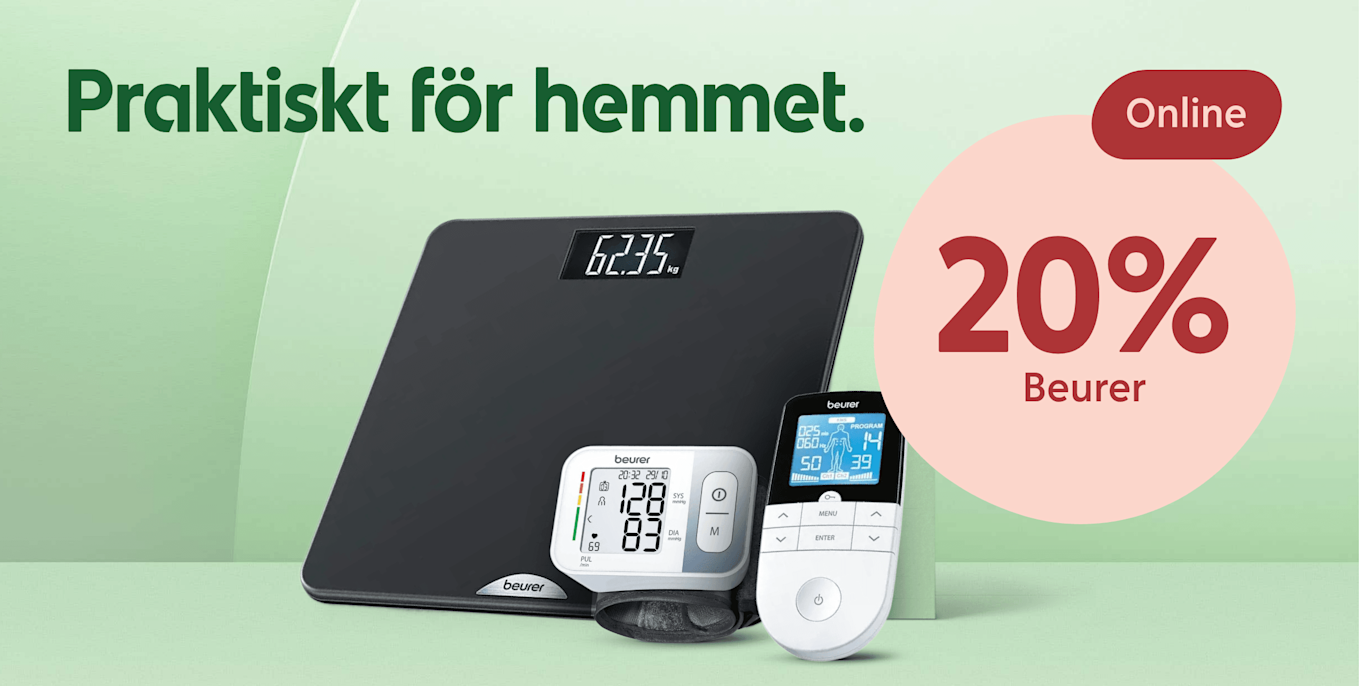 Svart digital våg och vita Beurer-hälsomätare i förgrunden med display som visar 62,35 kg och en rosa cirkel med texten "20% Beurer" mot ljusgrön bakgrund.