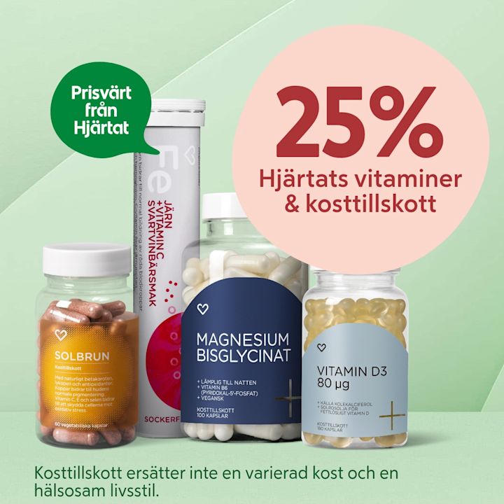 Fyra kosttillskottsflaskor i förgrunden (Solbrun, järnbrustabletter, magnesium bisglycinat och Vitamin D3) med stor rosa cirkelmarkerad text "25% Hjärtats vitaminer & kosttillskott" och grön pratbubbla "Prisvärt från Hjärtat" mot ljusgrön bakgrund.