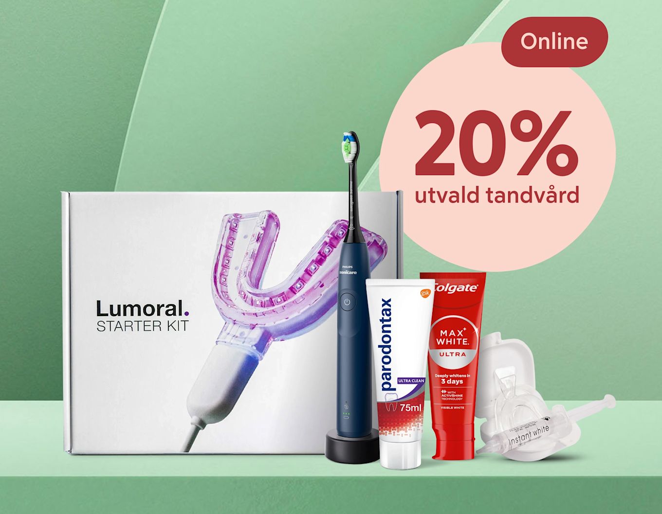 Elektrisk tandborste, olika tandkrämer och tandblekning och en rosa cirkel med text som kommunicerar "20% rabatt på utvald tandvård".