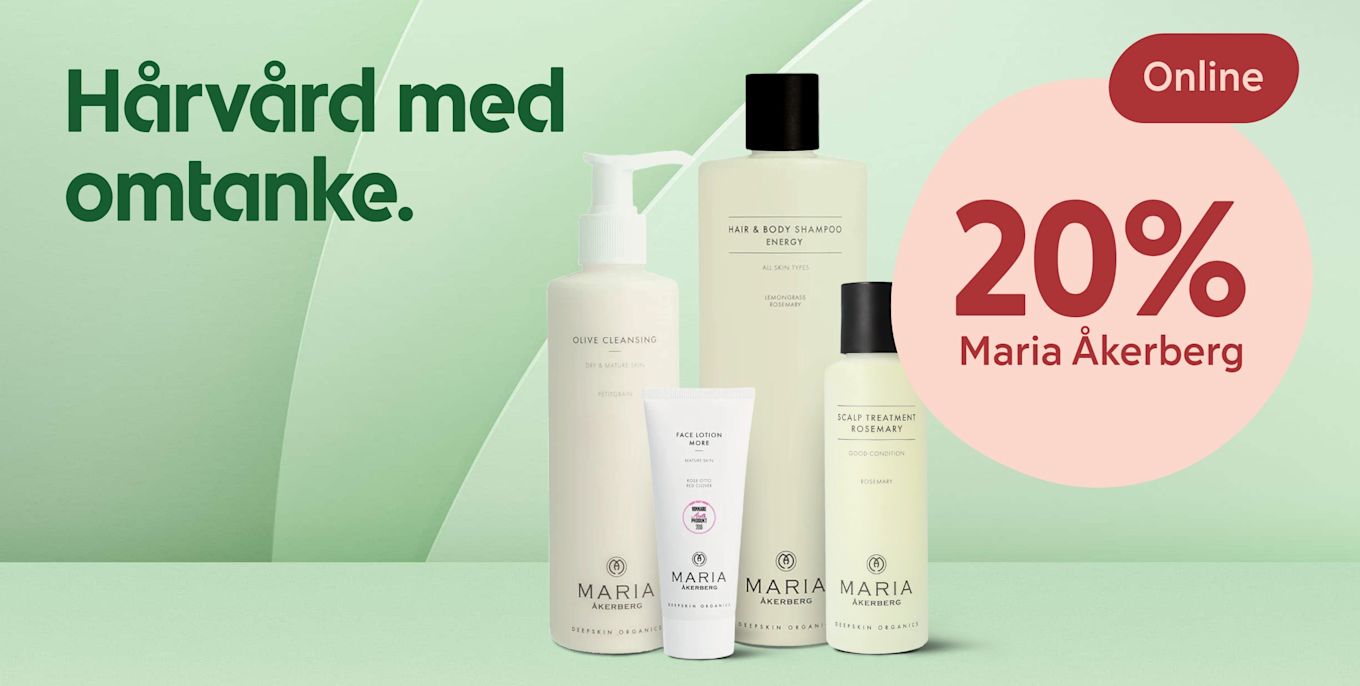 Flera Maria Åkerberg-produkter står i förgrunden medan grön bakgrund visar texten "Hårvård med omtanke" och en rosa cirkel visar erbjudandet "20% rabatt på Maria Åkerberg online".
