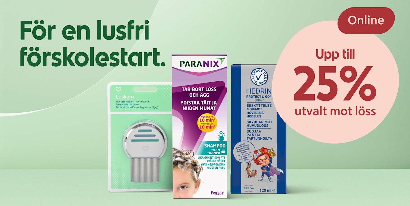 Grön bakgrund med texten "För en lusfri förskolestart", tre loppprodukter i förgrunden och en rosa cirkel med "Upp till 25% Online".