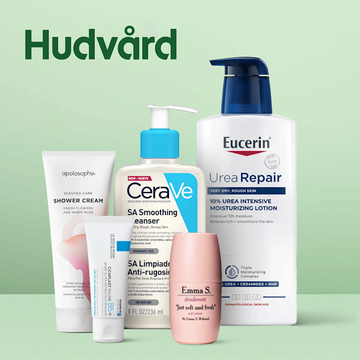 Ingång till kategorin Kroppsvård. I bild står fem hudvårdsprodukter från varumärkena La Roche Posay, CeraVe, Emma S. och Eucerin mot en grön bakgrund med rubriken "Hudvård".