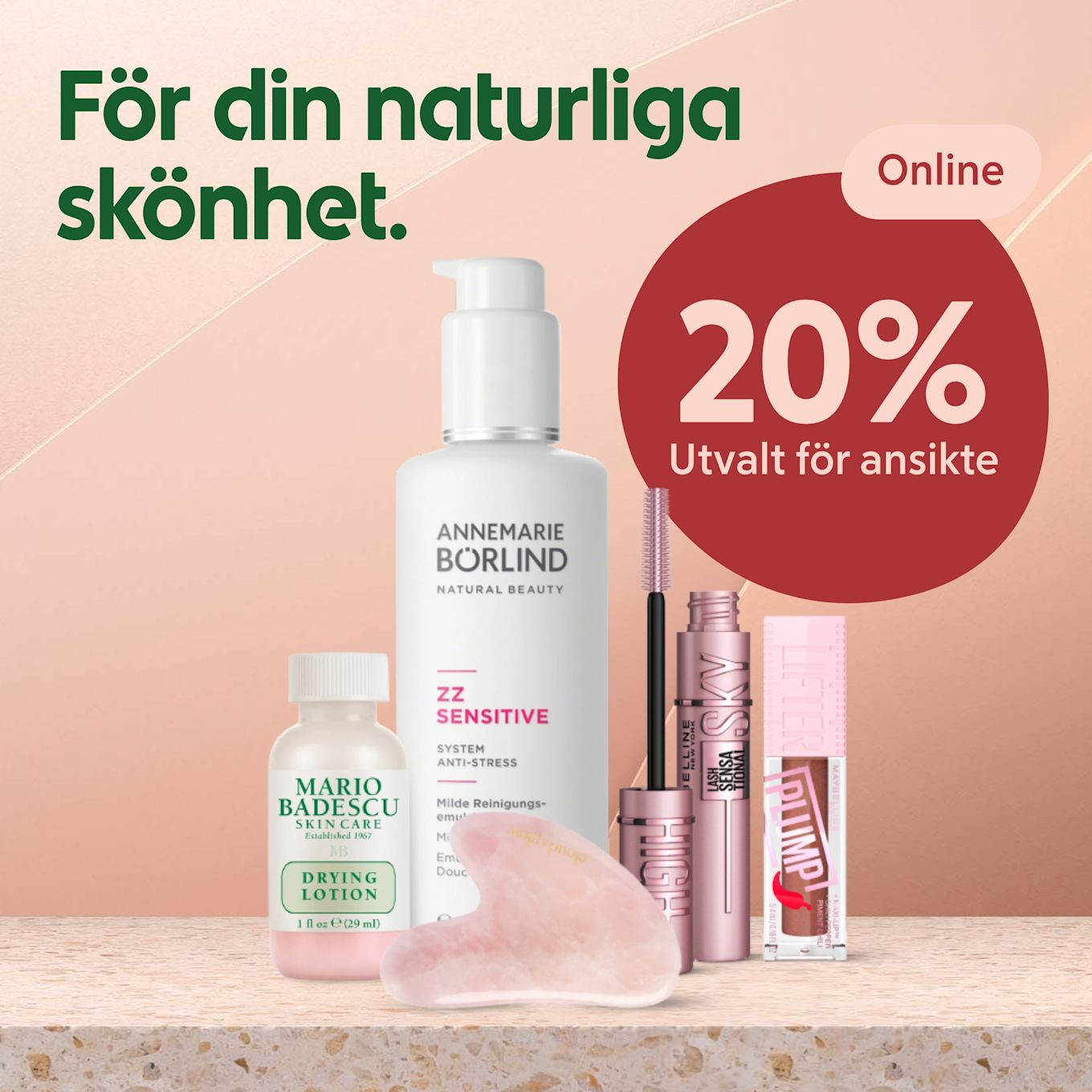 Hudvårds- och skönhetsprodukter inklusive Mario Badescu Drying Lotion, Annemarie Börlind rengöringsemulsion, mascaror och en gua sha-verktyg visas med erbjudande om 20% rabatt online.