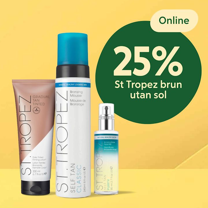 Tre St Tropez brun utan sol-produkter för ansikte och kropp stående framför gul bakgrund med blå och gröna inslag, bred text "25% St Tropez brun utan sol" i en grön cirkel.